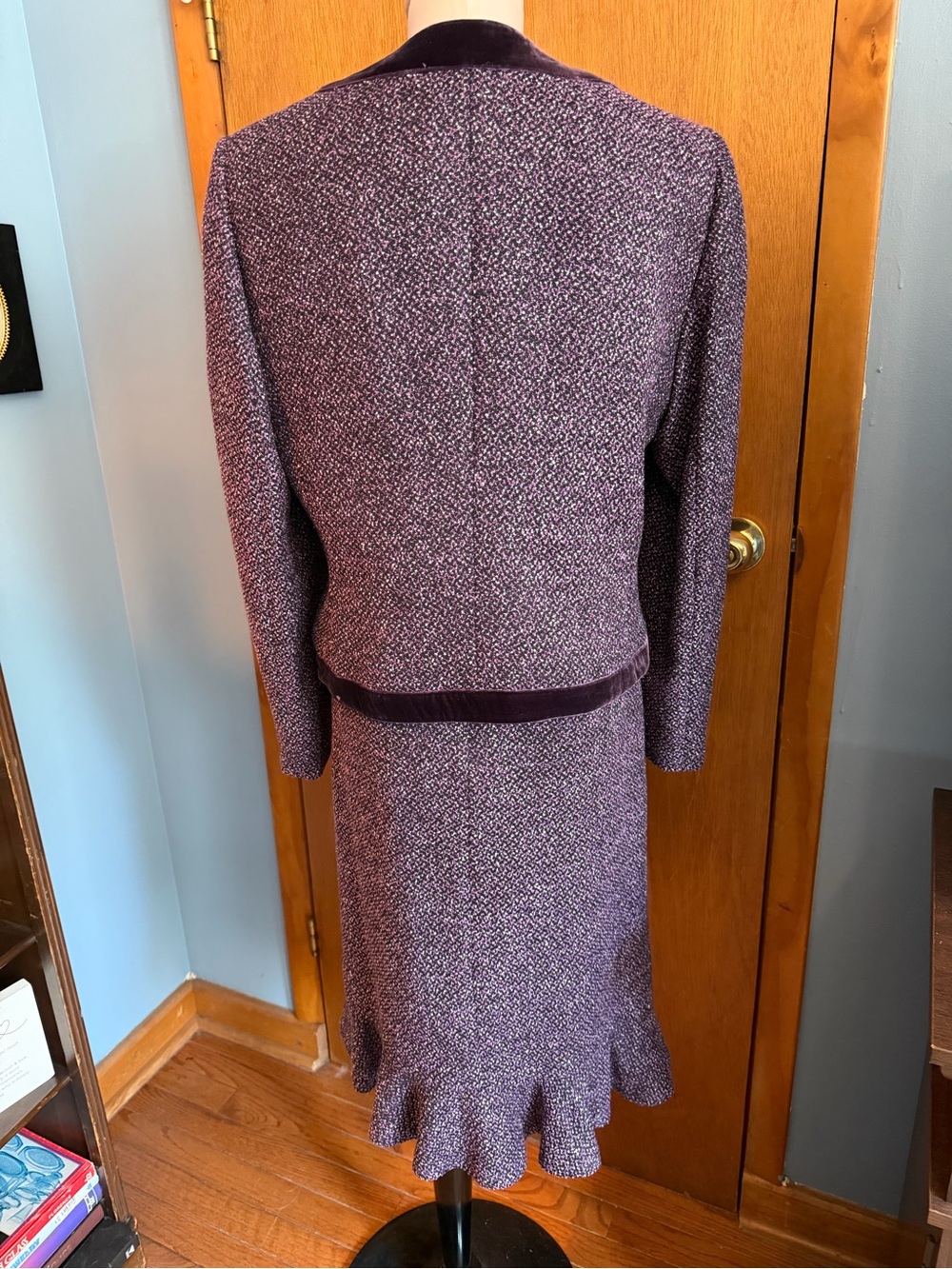 VTG Albert Nipon Classic Purple Tweed Women's Skirt Suit - Velvet Trim Sz 12 - Picture 7 of 12